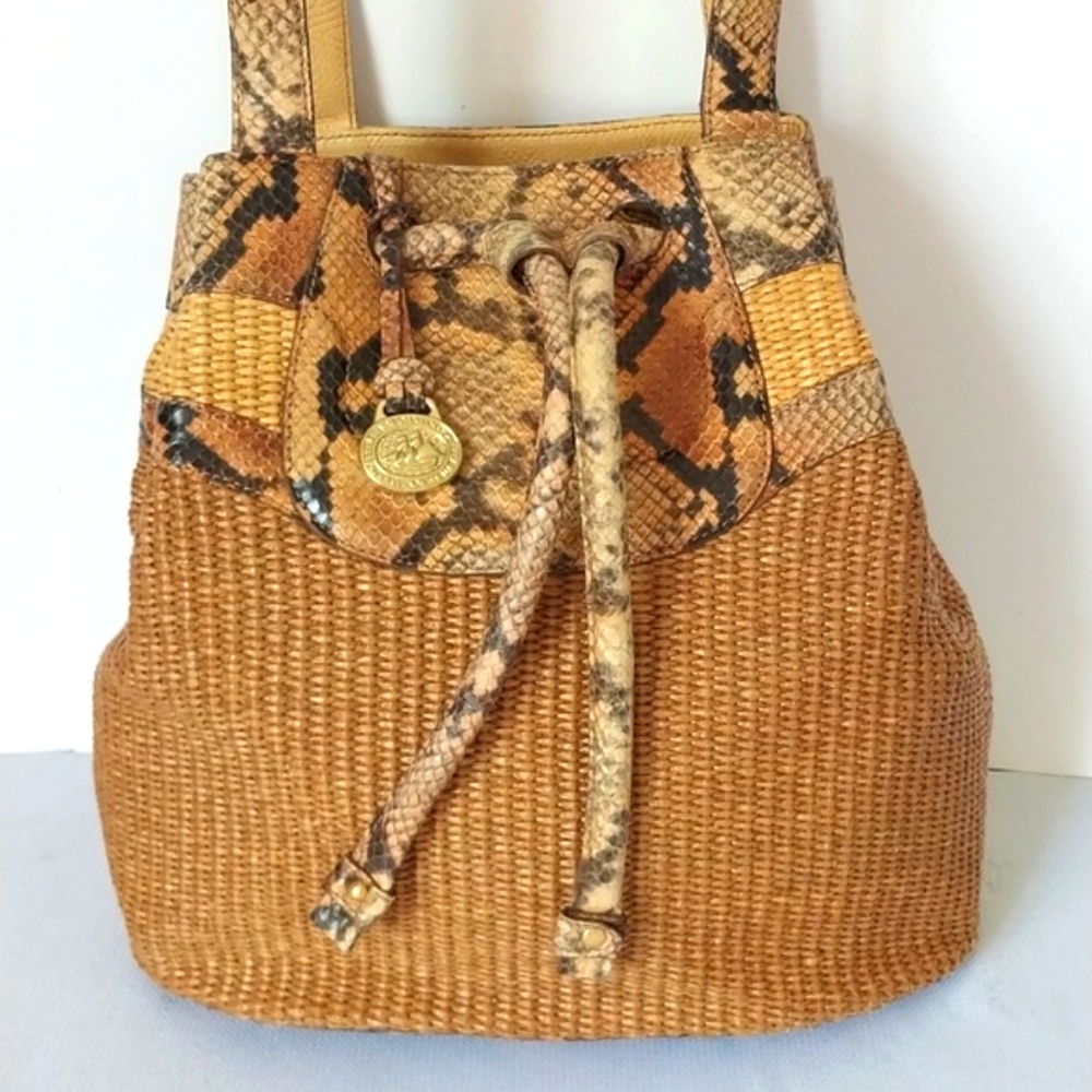 BRAHMAN BOHO SHOULDER BUCKET BAG Weave Snake Print Leather Double Handle Drawstr